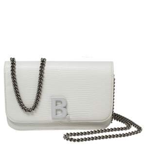 Pre Owned Balenciaga White Lizard Embossed Leather B. Logo Wallet On Chain