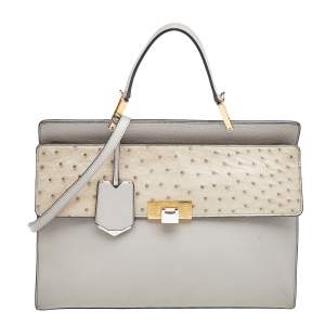 Pre Owned Balenciaga Grey Leather and Ostrich Le Dix Cartable Top Handle Bag