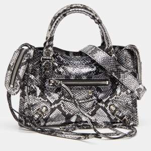 Pre Owned Balenciaga Silver Python Embossed Leather Mini Classic City Bag