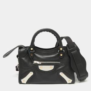 Pre Owned Balenciaga Black Leather Mini Amp Plate Silver Classic City Bag