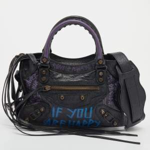 Pre Owned Balenciaga Black Graffiti Leather Mini RH Classic City Bag