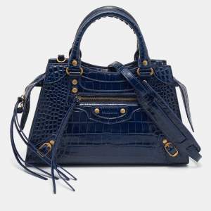 Pre Owned Balenciaga Navy Blue Croc Embossed Small Neo Classic City Satchel