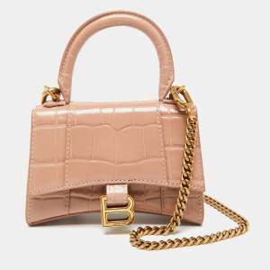 Pre Owned Balenciaga Beige Croc Embossed Leather Mini Chain Hourglass Bag