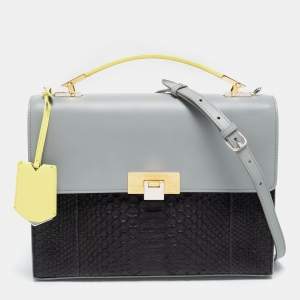 Pre Owned Balenciaga Tri Color Leather and Python Le Dix Cartable Top Handle Bag