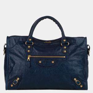 Pre Owned Balenciaga Blue Motocross Giant 12 City Lambskin Leather Satchel