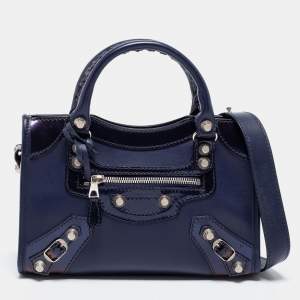 Pre Owned حقيبة يد توتس بالنسياغا ميني سيتي جلد لامع وجلد أزرق داكن معدن فضي عيار 12