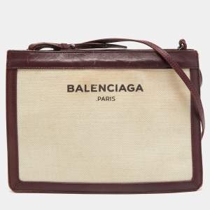 Balenciaga White/Burgundy Canvas and Leather Navy Pochette Crossbody Bag