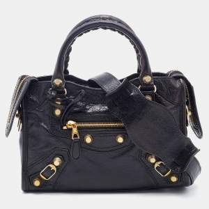 Pre Owned Balenciaga Black Leather Giant 12 Gold Hardware Mini City Tote