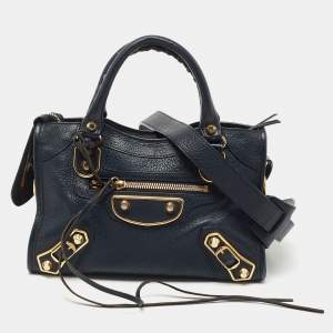 Pre Owned Balenciaga Bleu Obscur Leather Mini Classic Metallic Edge City Bag