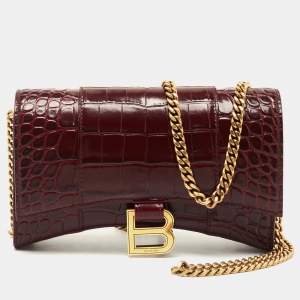 Balenciaga Burgundy Croc Embossed Leather Hourglass Wallet on Chain