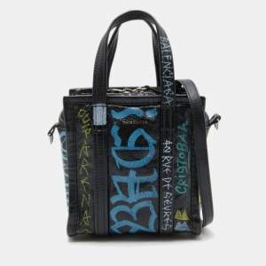مملوكة مسبقًا Balenciaga Black Graffiti Printed Leather Bazar Tote