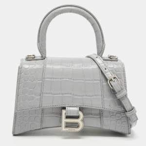 Pre Owned Balenciaga Grey Croc Embossed Leather XS Hourglass Top Handle Bag