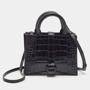 Pre Owned Balenciaga Black Croc Embossed Leather Hourglass XXS East West Tote