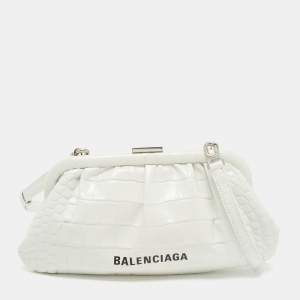 Pre Owned Balenciaga White Crocodile Embossed Leather XS Cloud Clutch Bag