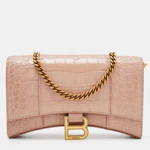 Balenciaga Pink Croc Embossed Leather Hourglass Wallet on Chain