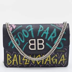 Pre Owned Balenciaga Black Printed Leather BB Flap Chain Clutch