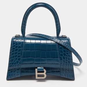 Pre Owned Balenciaga Teal Croc Embossed Leather Small Hourglass Top Handle Bag