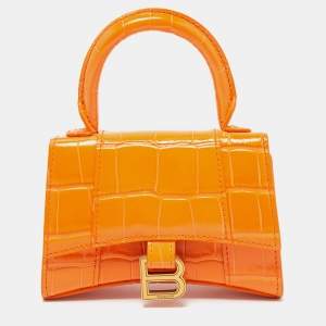 مملوكة مسبقًا Balenciaga Orange Croc Embossed Leather Mini Chain Hourglass Bag