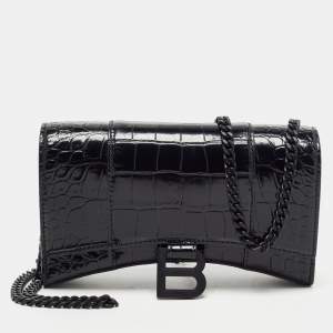مملوكة مسبقًا Balenciaga Black Croc Embossed Leather Hourglass Wallet on Chain