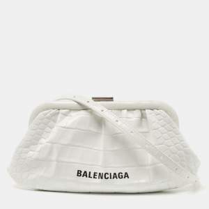 Balenciaga White Croc Embossed Leather XS Cloud Clutch Bag