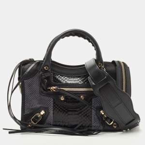 مملوكة مسبقًا Balenciaga Black/Indigo Leather and Python Mini Classic Metallic Edge City Bag