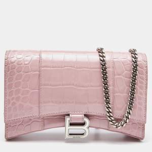 Balenciaga Pink Croc Embossed Leather Hourglass Wallet On Chain