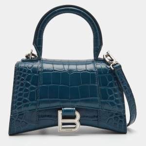 Balenciaga Teal Croc Embossed Leather XS Hourglass Top Handle Bag