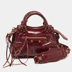 Pre Owned Balenciaga Dark Red Croc Embossed Leather XS Neo Cagole Bag