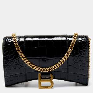 Pre Owned Balenciaga Black Shine Croc Embossed Leather Hourglass Wallet On Chain