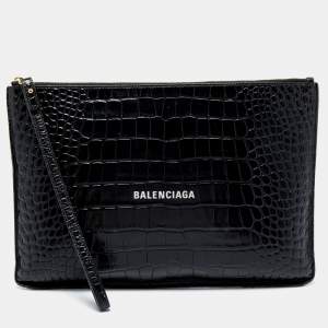 Pre Owned Balenciaga Black Croc Embossed Leather Flat Wristlet Pouch