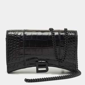 Balenciaga Black Croc Embossed Leather Hourglass Wallet on Chain