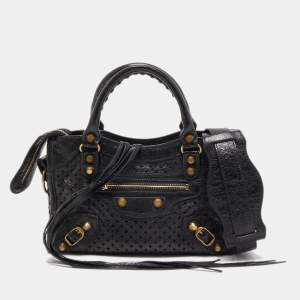 Pre Owned Balenciaga Black Perforated Leather Mini City Bag