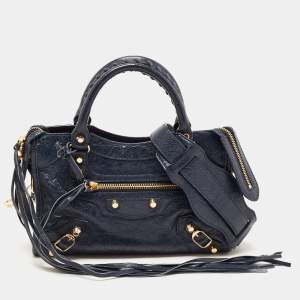 Pre Owned Balenciaga Nay Blue Leather Mini Metallic Edge City Bag
