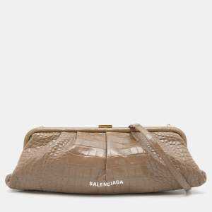 Pre Owned Balenciaga Beige Croc Embossed Leather XL Cloud Clutch