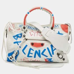 Pre Owned Balenciaga White Graffiti Leather Small City Tote 