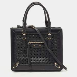 مملوكة مسبقًا Balenciaga Black Woven Leather Mini Papier A4 Tote