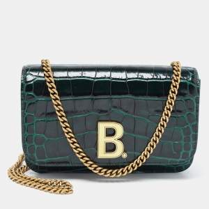 Balenciaga Green Croc Embossed Glazed Leather B. Logo Wallet On Chain