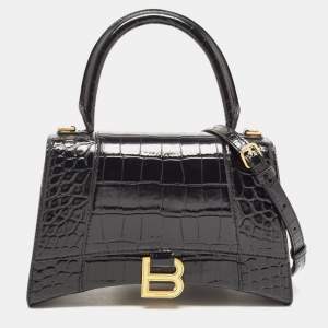 Balenciaga Black Croc Embossed Leather Small Hourglass Top Handle Bag