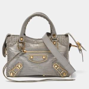 مملوكة مسبقًا Balenciaga Grey Croc Embossed Leather Mini Metallic Edge City Bag
