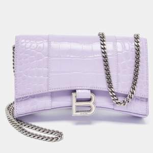 Balenciaga Lilac Croc Embossed Leather Hourglass Wallet on Chain