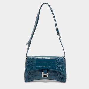 Pre Owned Balenciaga Dark Teal Blue Croc Embossed Leather XS Downtown Shoulder Bag