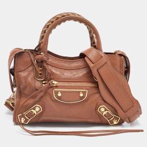 Pre Owned Balenciaga Brown Leather Mini Classic Metallic Edge City Bag