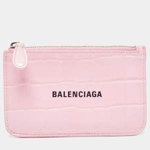 Balenciaga Pink Croc Embossed Leather Logo Zip Card Holder