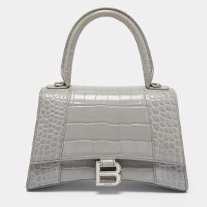Pre Owned Balenciaga Grey Croc Embossed Leather Small Hourglass Top Handle Bag