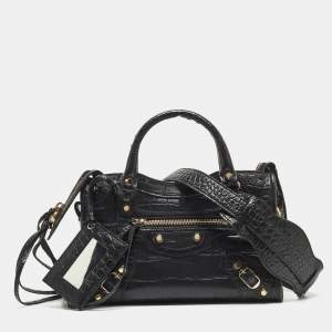 Balenciaga Black Croc Embossed Leather Mini GH Classic City Bag