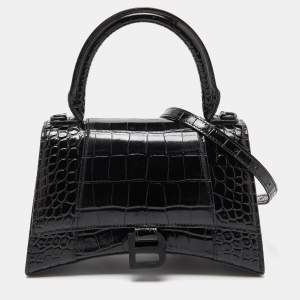 Pre Owned Balenciaga Black Croc Embossed Leather Small Hourglass Top Handle Bag
