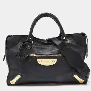 Balenciaga Black Leather Metal Plate Classic City Bag