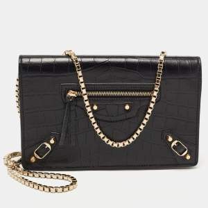 Balenciaga Black Croc Embossed Leather Classic Wallet On Chain