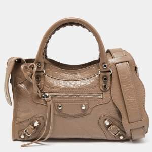 Pre Owned Balenciaga Beige Crinkled Leather Mini City Bag