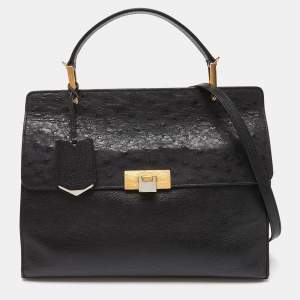 Pre Owned Balenciaga Black Leather and Ostrich Le Dix Cartable Top Handle Bag